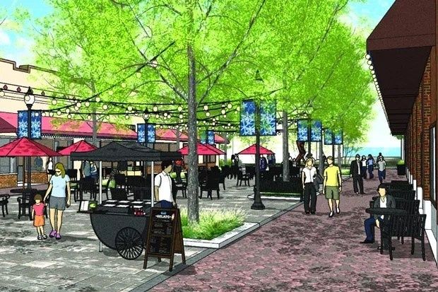 Illustration of a lively pedestrian plaza replacing curbside parking
